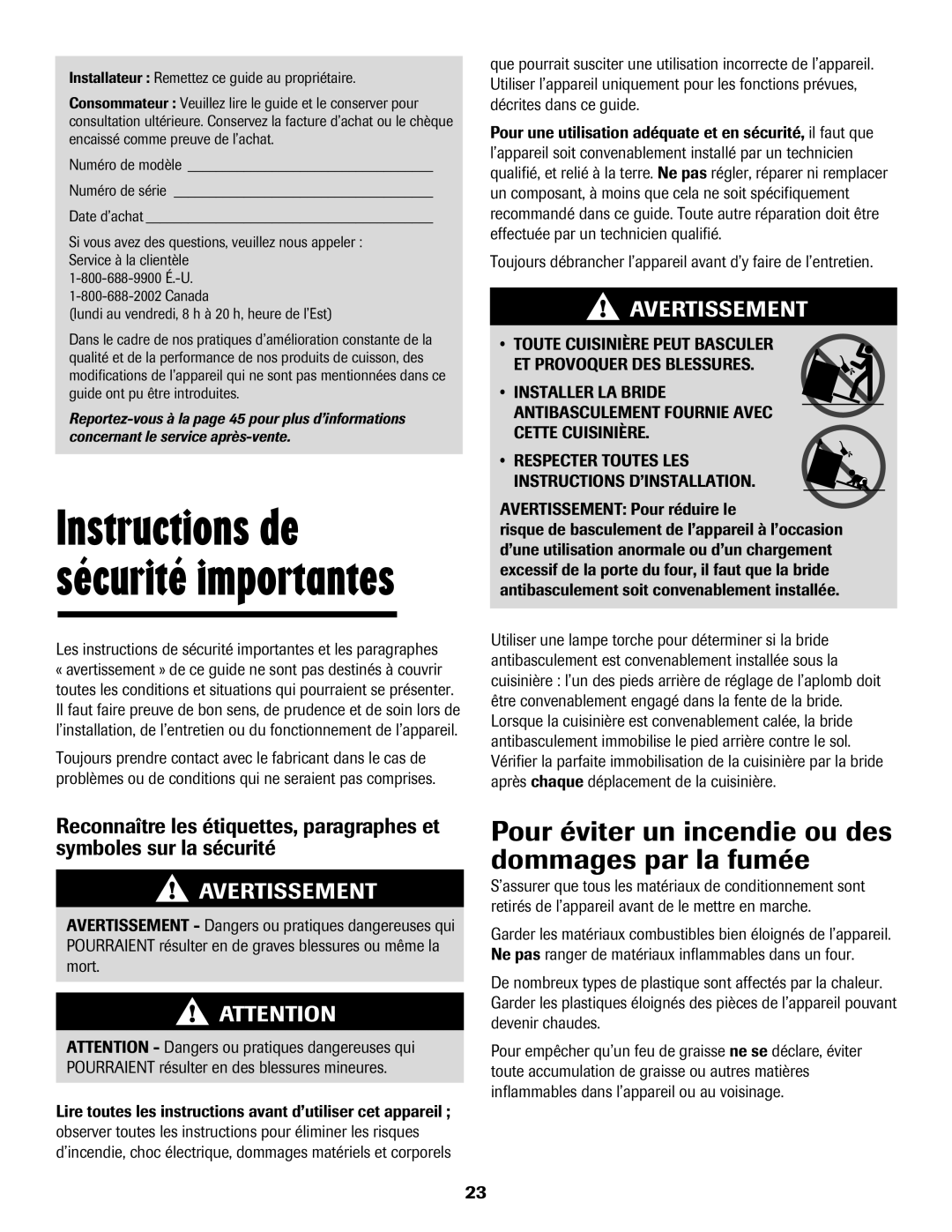 Maytag 500 important safety instructions Avertissement, Instructions de sécurité importantes 