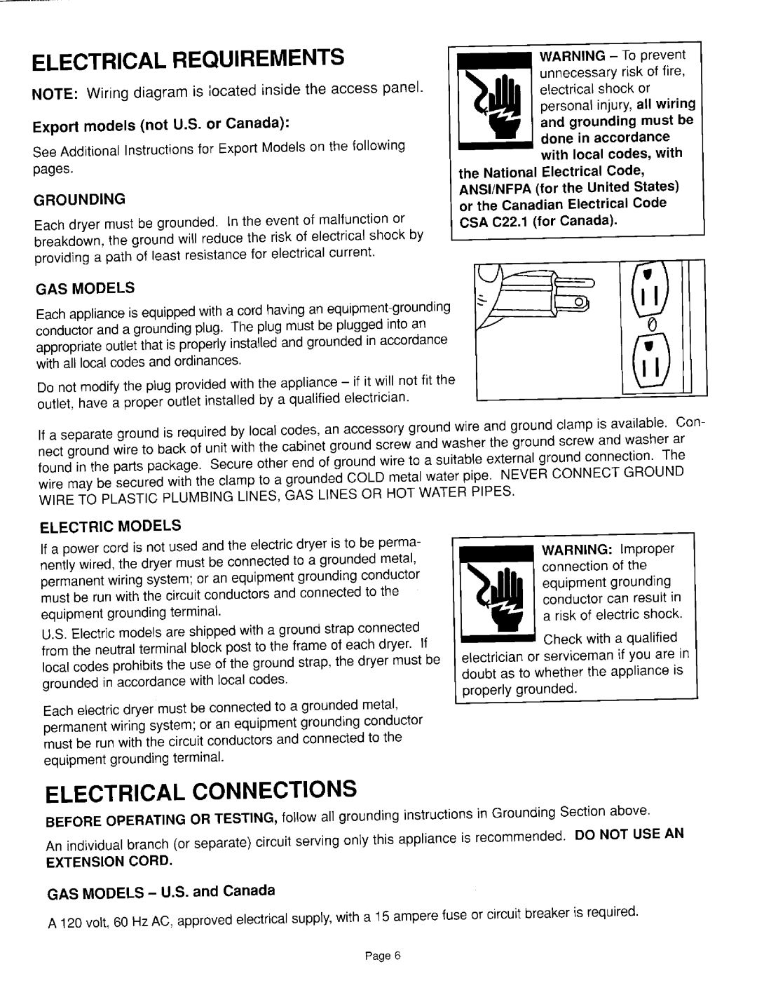 Maytag 6 2708140-0498 installation instructions Electrical Requirements, Grounding 