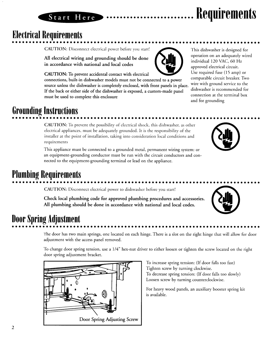 Maytag 6 915513 A ElectricalRequirements, GroundingInstructions, PlumbingRequirements, DoorSpringAdjustment 