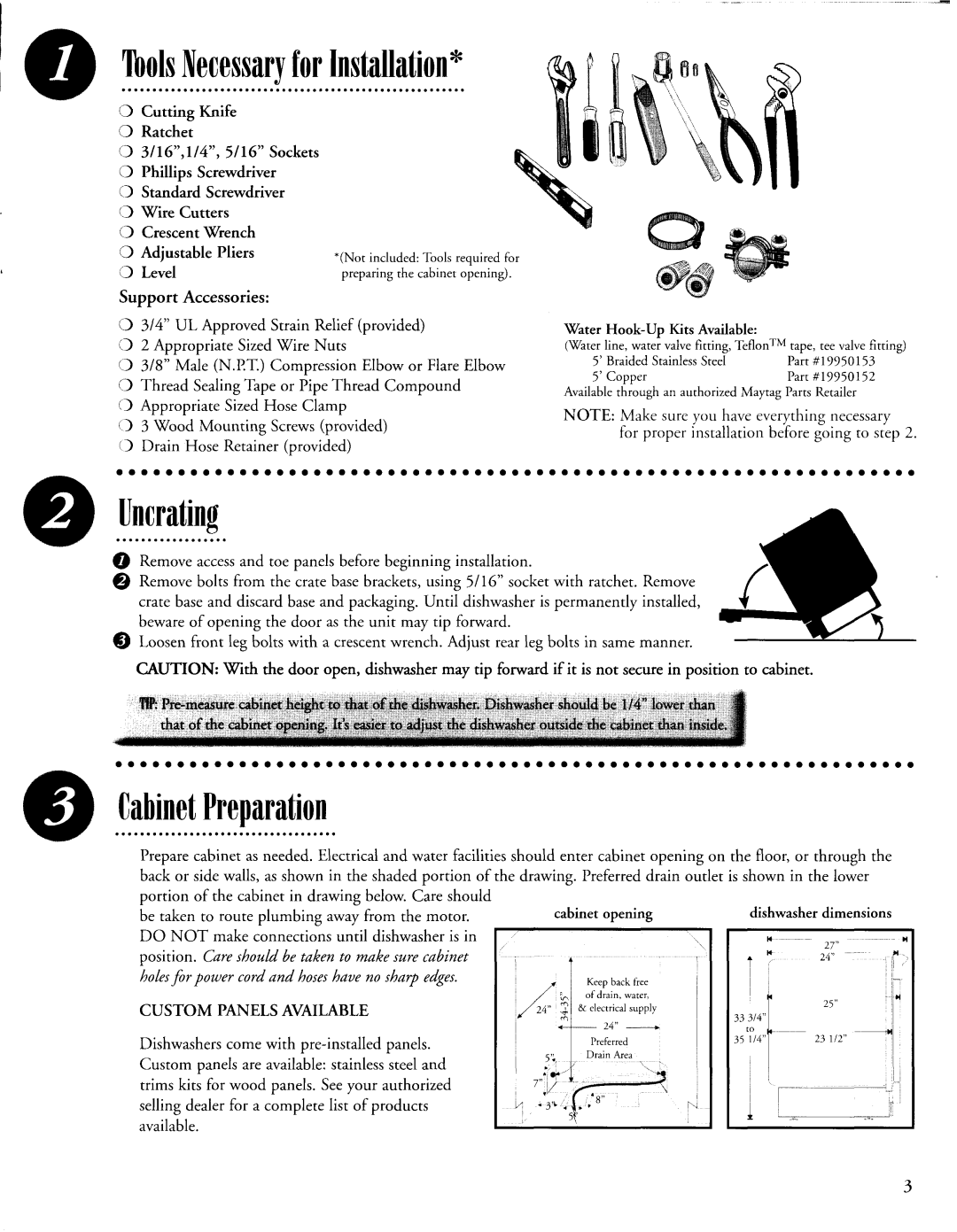 Maytag 6 915513 A installation instructions LbolsNecessaryforInstallation, Uncrating, CabinetPreparation 