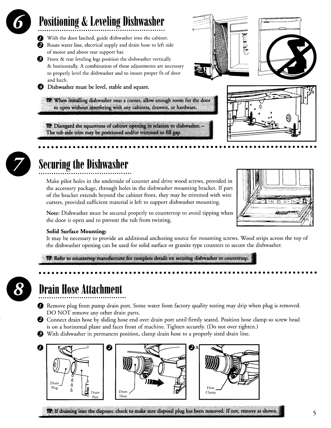 Maytag 6 915513 A installation instructions Positioning&LevelingDishwasher, SecuringtheDishwasher, DrainHoseAttachment 