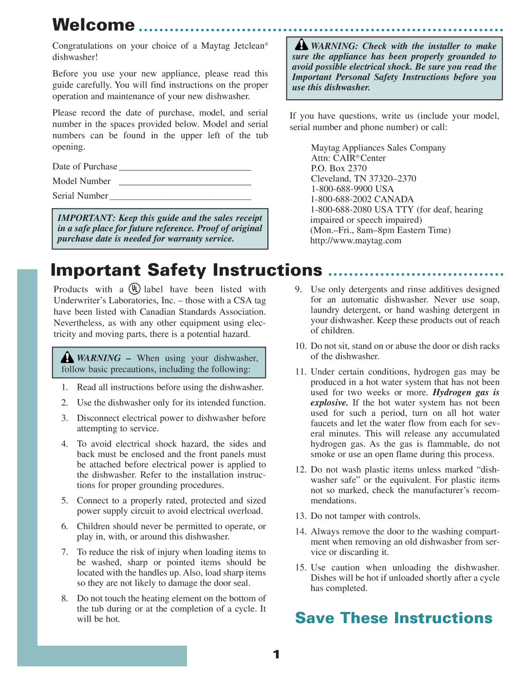 Maytag 6 915928 A warranty Welcome, Important Safety Instructions 