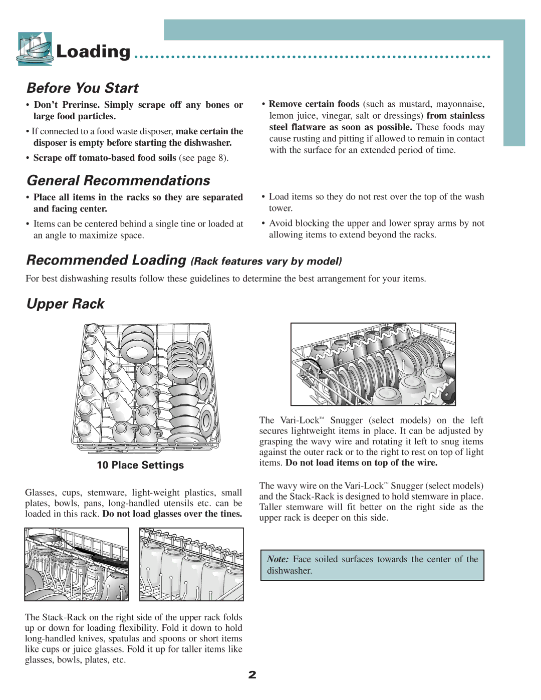 Maytag 6 915928 A warranty Loading, Before You Start, General Recommendations, Upper Rack, Place Settings 