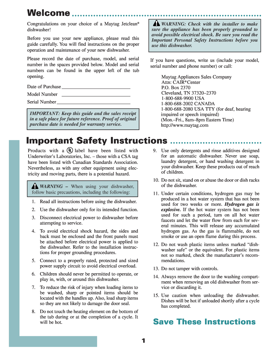 Maytag 6 915928 A warranty Welcome, Important Safety Instructions, Save These Instructions 