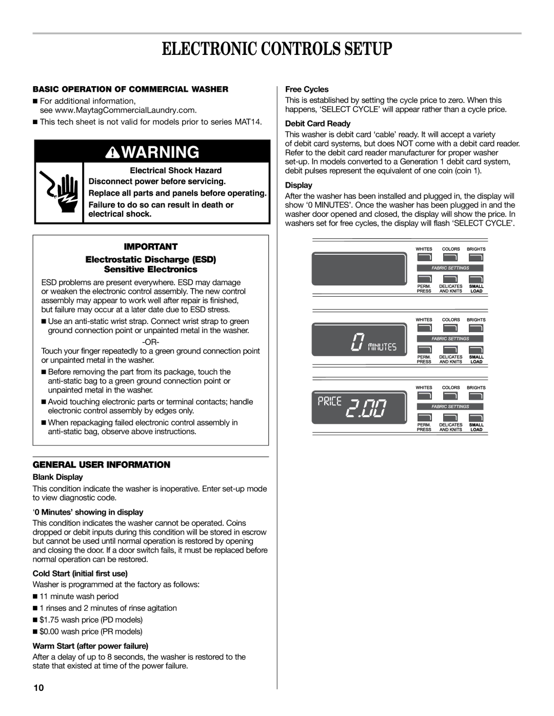 Maytag 60 HZ, 120 V installation instructions Electronic Controls Setup 