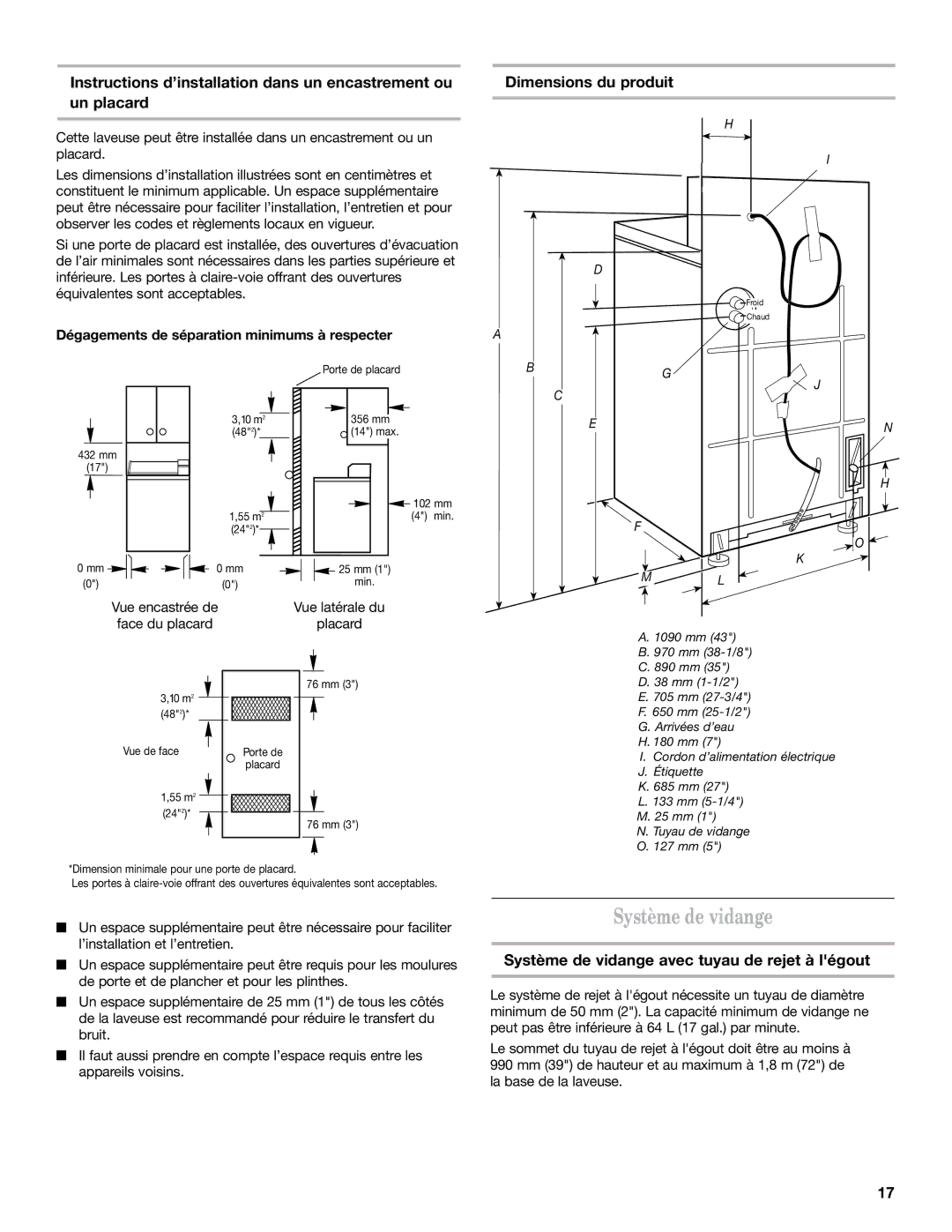 Maytag 120 V, 60 HZ Système de vidange avec tuyau de rejet à légout, Dégagements de séparation minimums à respecter 