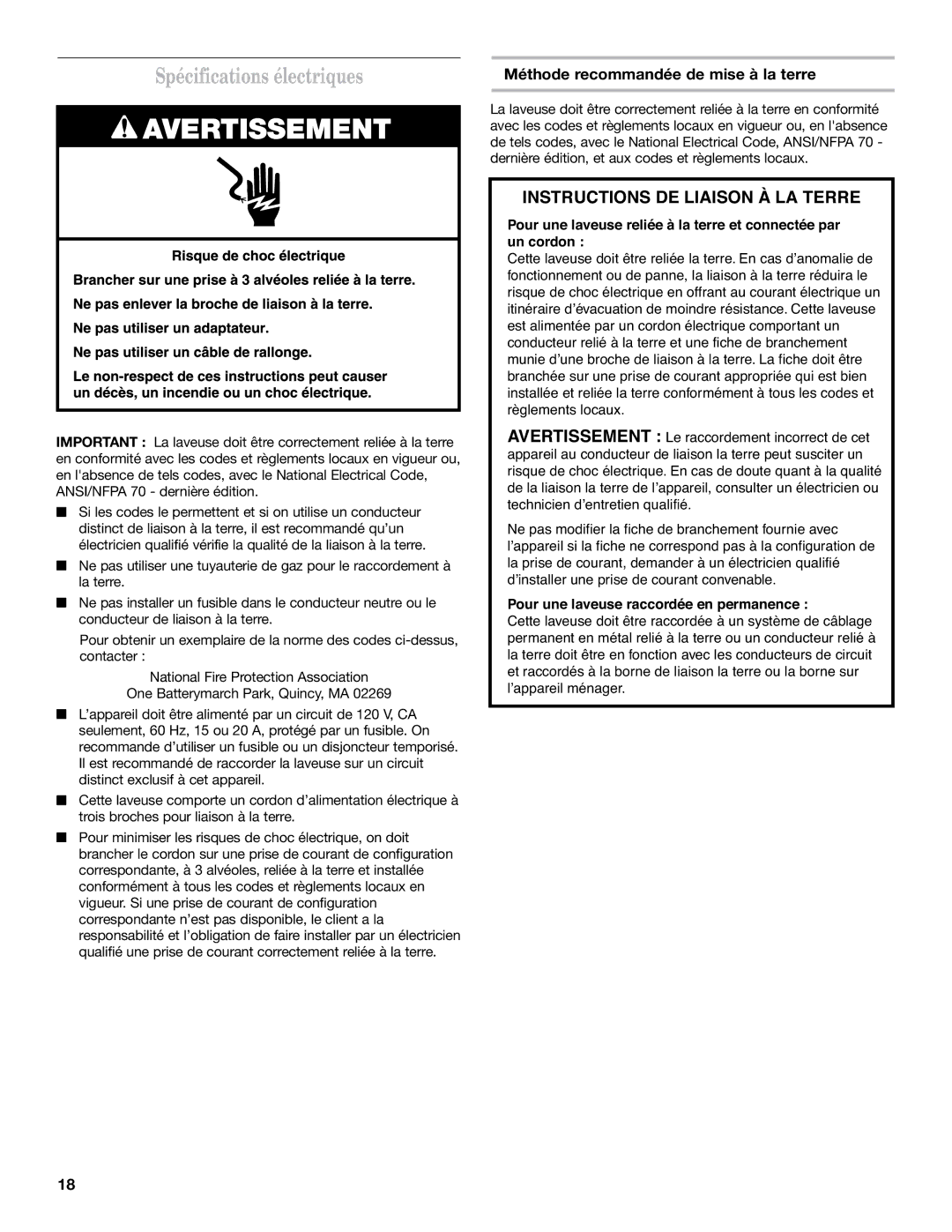 Maytag 60 HZ, 120 V installation instructions Spécifications électriques, Méthode recommandée de mise à la terre 