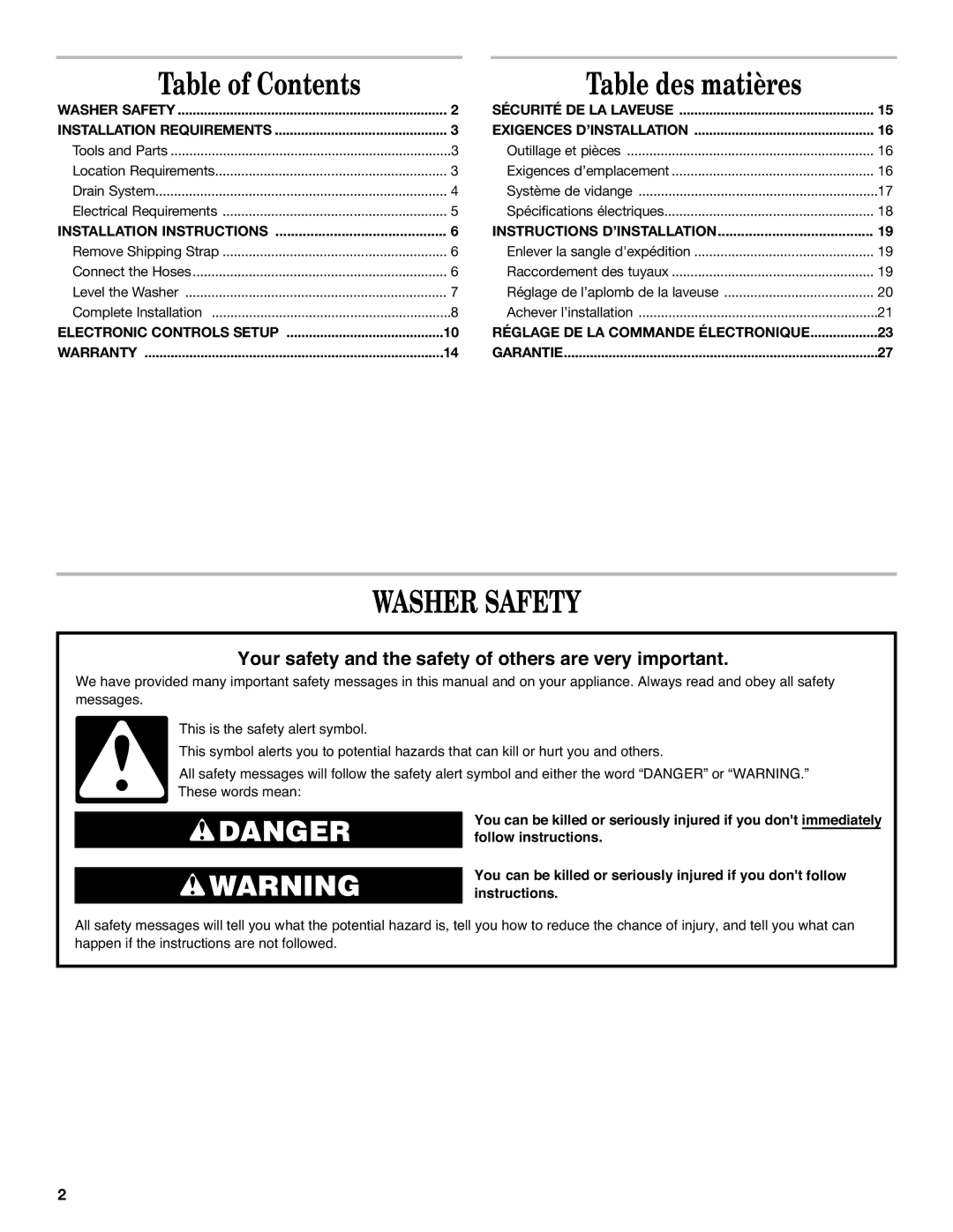 Maytag 60 HZ, 120 V installation instructions Table of Contents, Washer Safety 