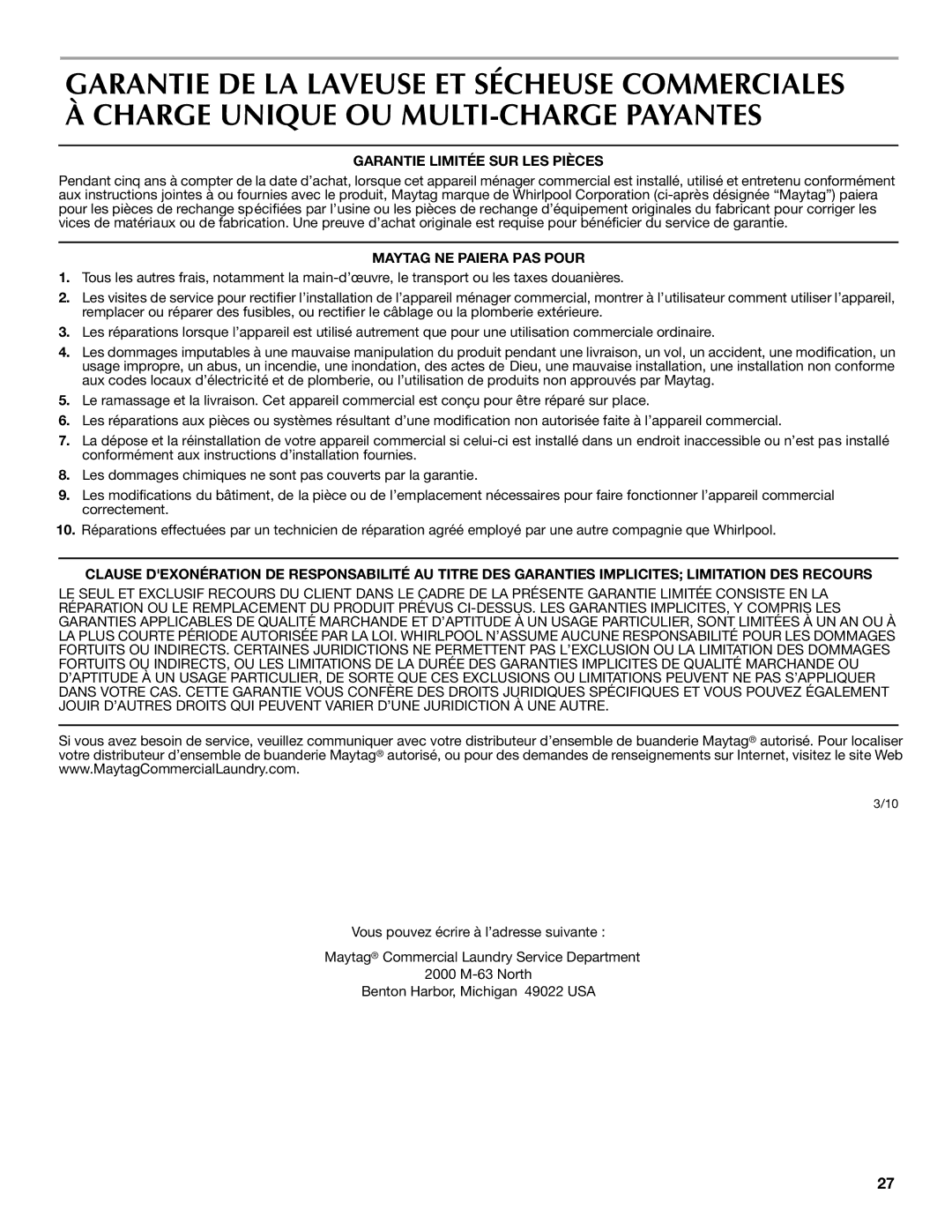 Maytag 120 V, 60 HZ installation instructions Garantie Limitée SUR LES Pièces, Maytag NE Paiera PAS Pour 