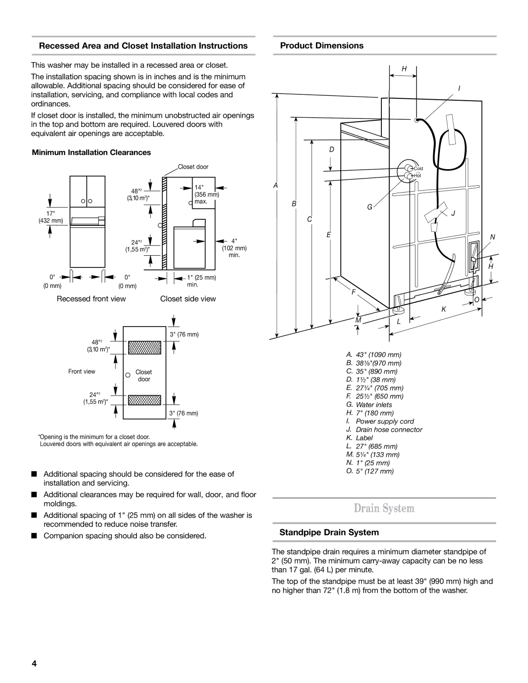 Maytag 60 HZ, 120 V installation instructions Standpipe Drain System, Minimum Installation Clearances 