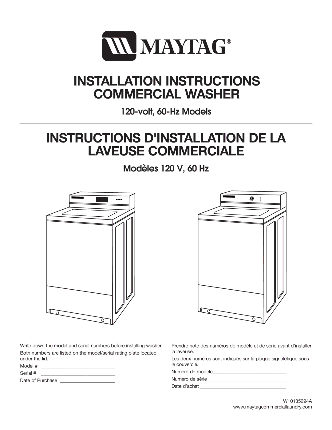 Maytag 60-Hz installation instructions Installation Instructions Commercial Washer 