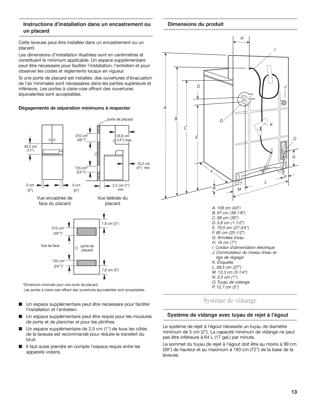 Maytag 60-Hz Système de vidange avec tuyau de rejet à légout, DŽgagements de sŽparation minimums ˆ respecter 