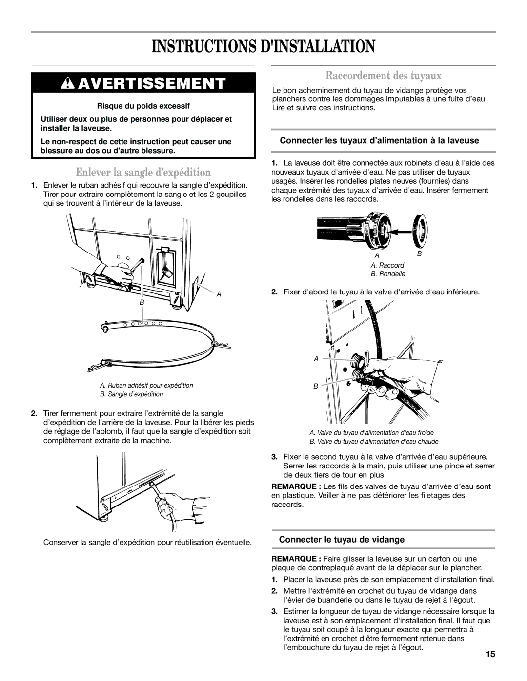 Maytag 60-Hz installation instructions Instructions Dinstallation, Enlever la sangle d’expédition, Raccordement des tuyaux 