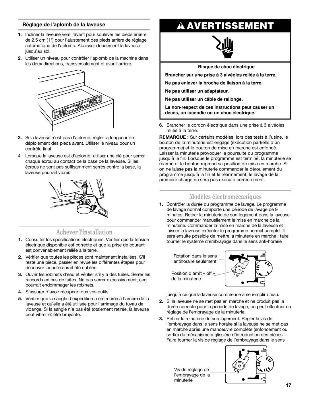 Maytag 60-Hz installation instructions Achever linstallation, Modèles électromécaniques, Réglage de laplomb de la laveuse 