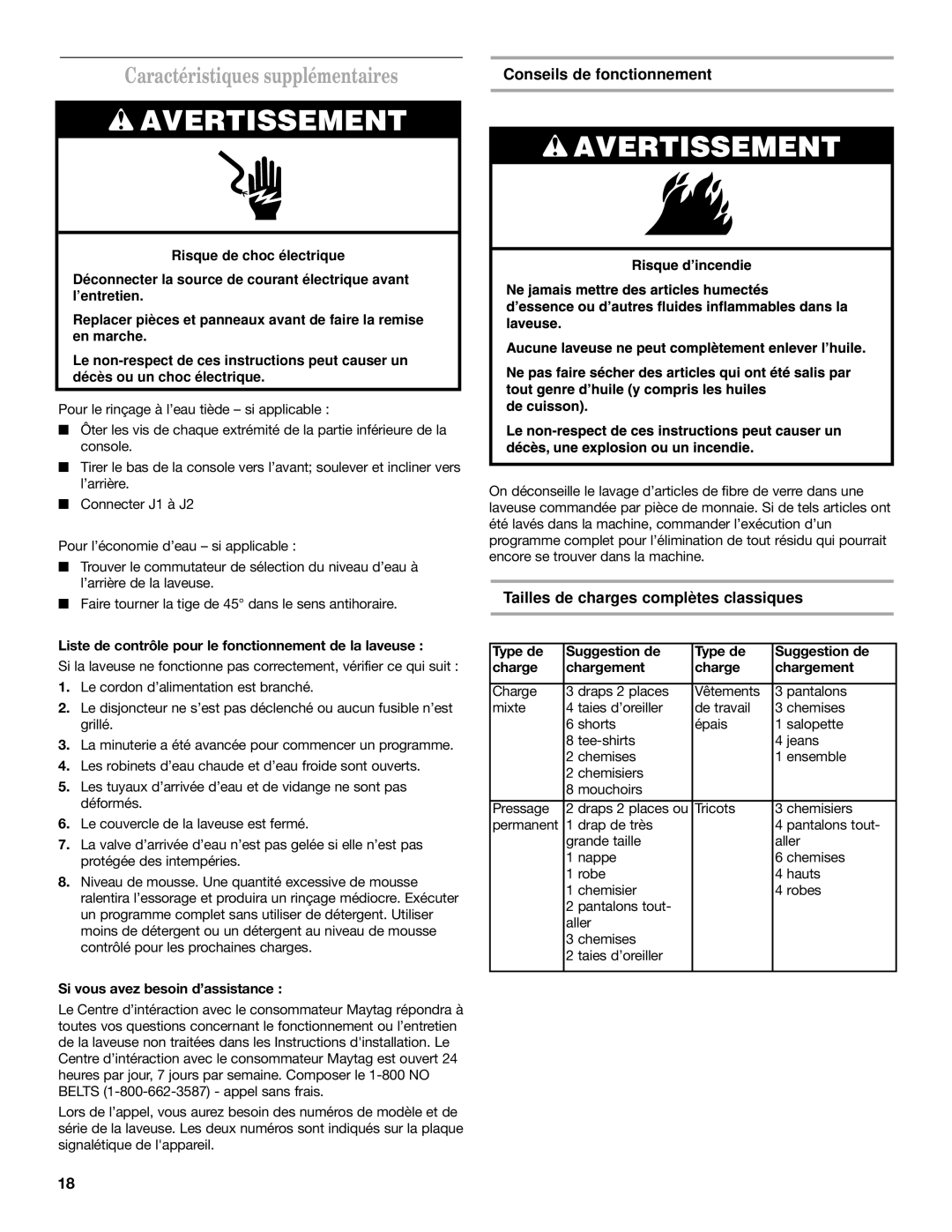 Maytag 60-Hz Caractéristiques supplémentaires, Conseils de fonctionnement, Tailles de charges complètes classiques 