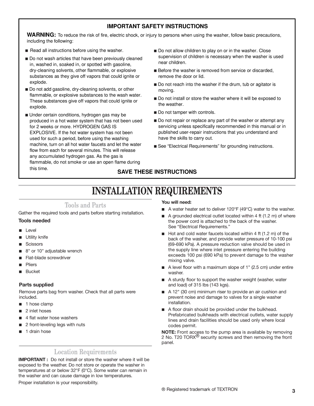 Maytag 60-Hz installation instructions Tools and Parts, Location Requirements, Important Safety Instructions, You will need 