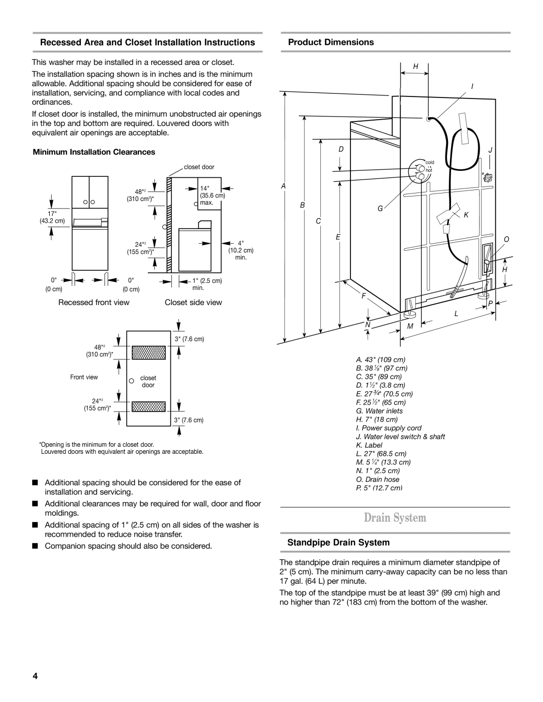 Maytag 60-Hz installation instructions Standpipe Drain System, Minimum Installation Clearances 