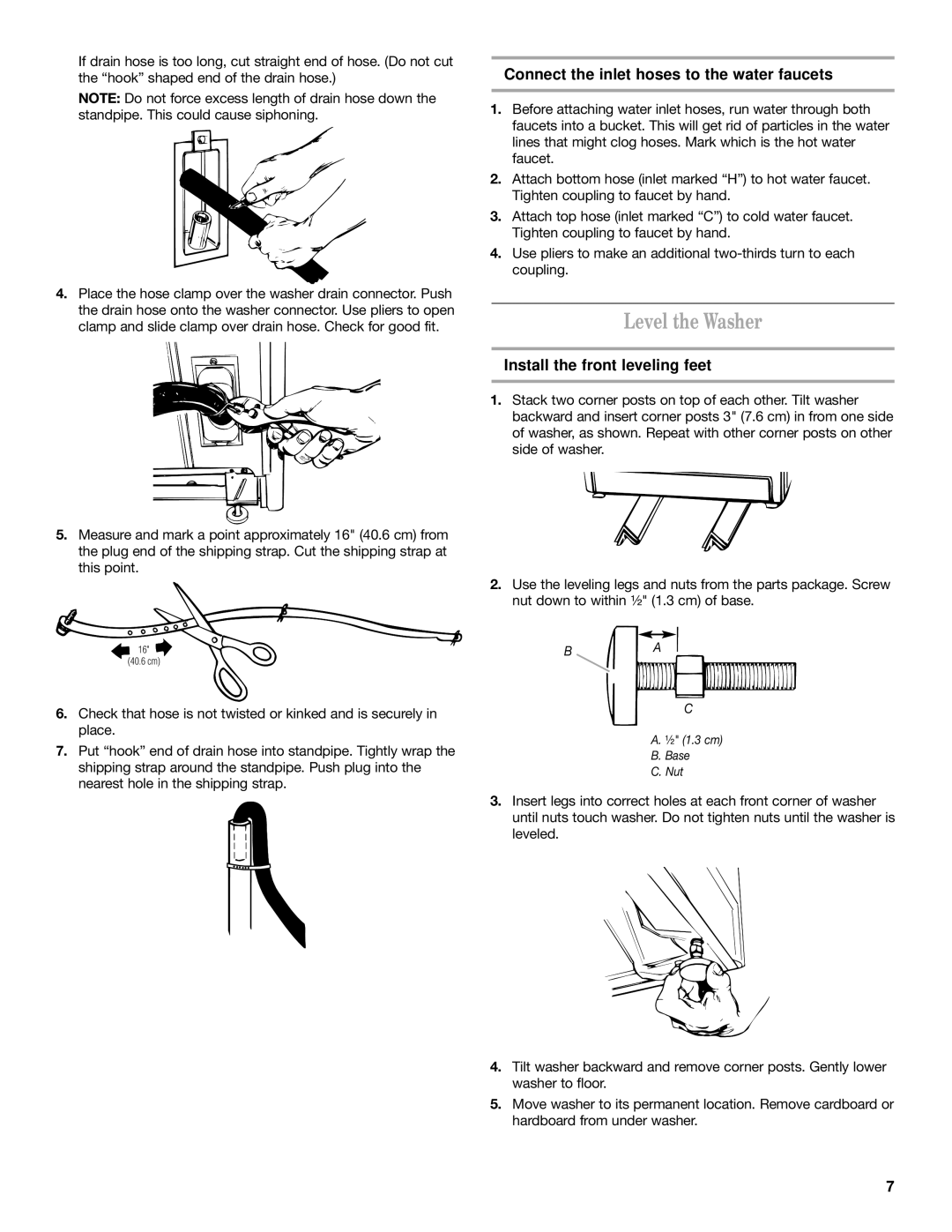 Maytag 60-Hz Level the Washer, Connect the inlet hoses to the water faucets, Install the front leveling feet 