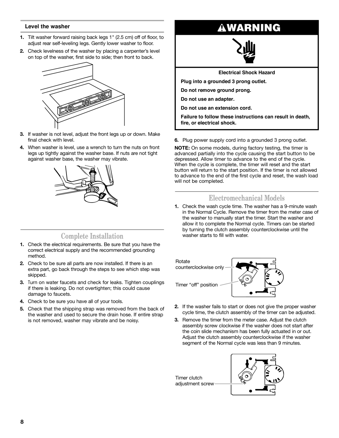 Maytag 60-Hz installation instructions Complete Installation, Electromechanical Models, Level the washer 