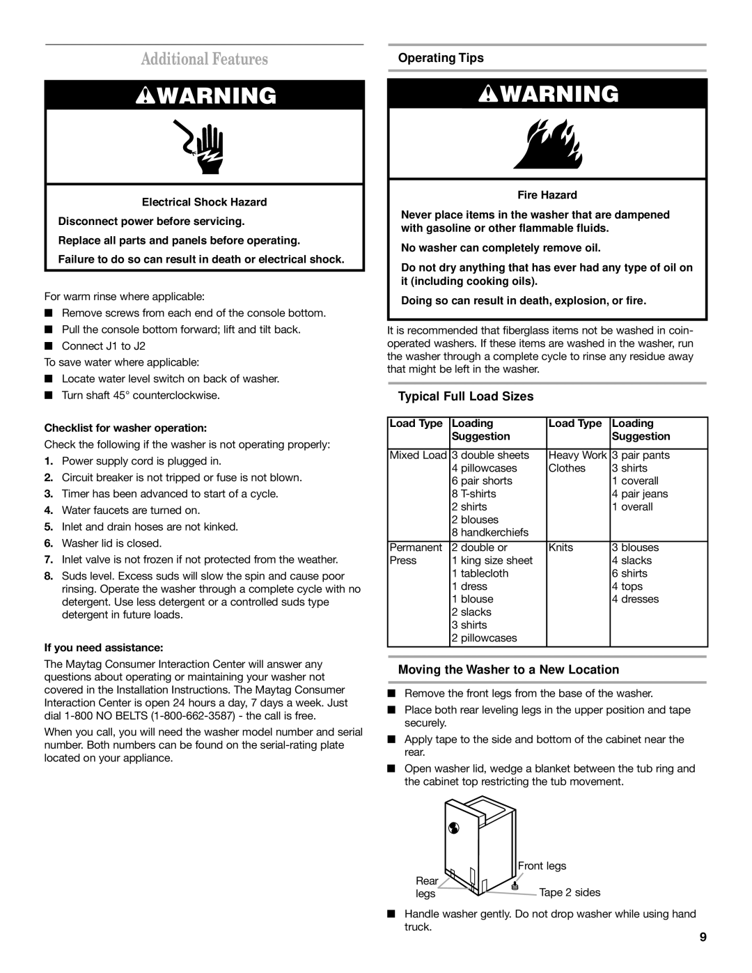 Maytag 60-Hz Additional Features, Operating Tips, Typical Full Load Sizes, Moving the Washer to a New Location 