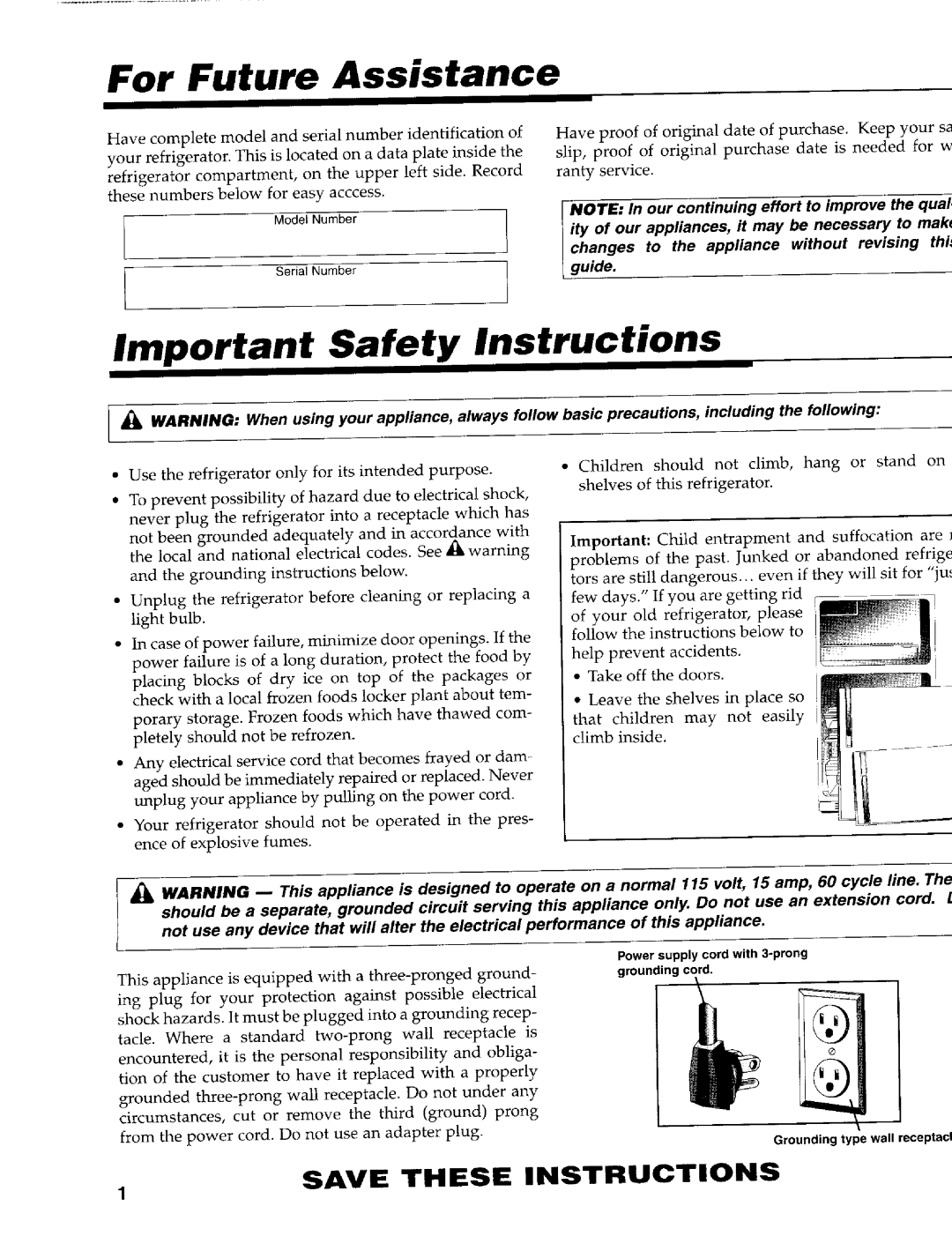 Maytag 61005031 For Future Assistance, Save These Instructions, Important Safety Instructions, ModeNulmber, groundingcord 