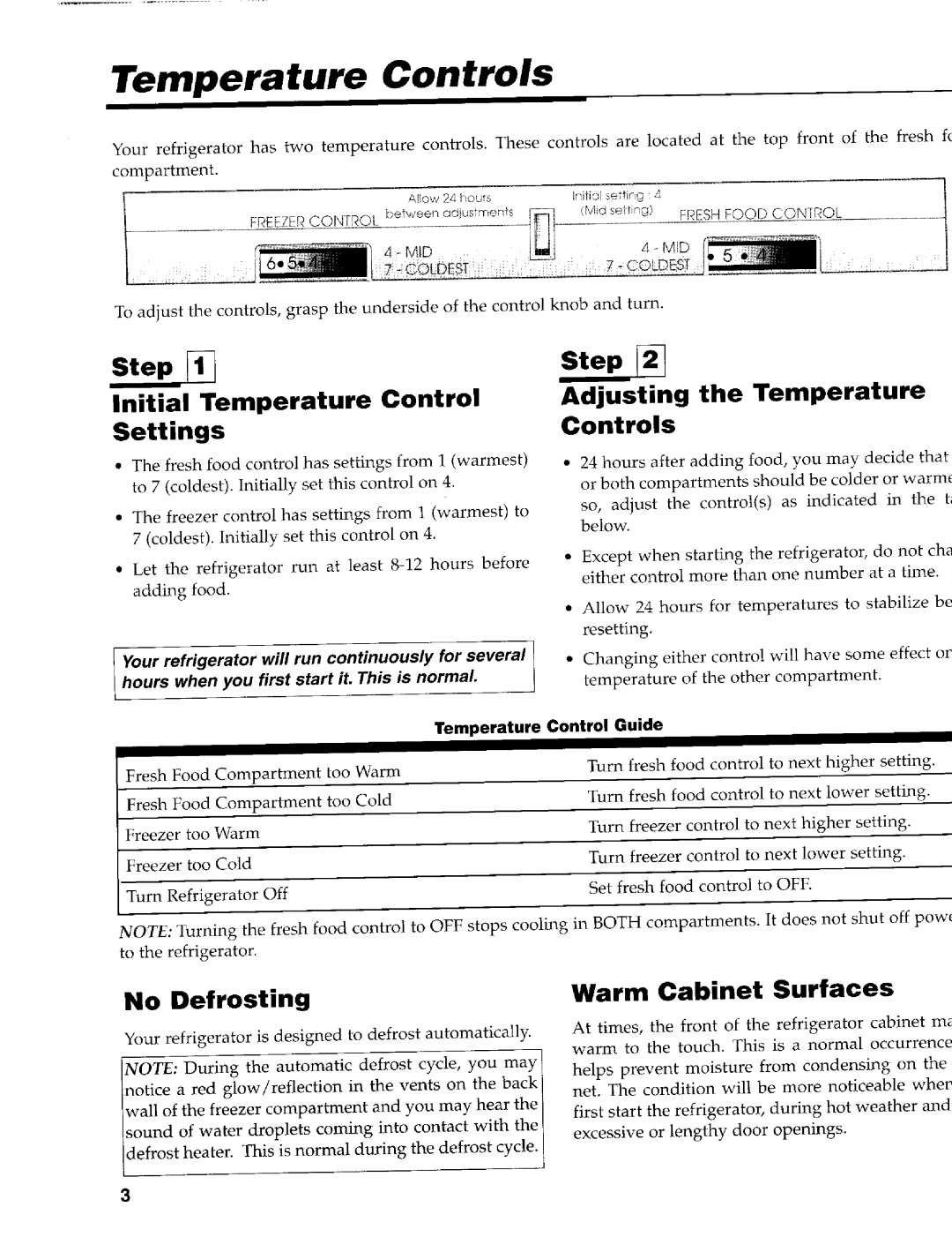 Maytag 61005031 Initial Temperature Control Settings, Adjusting the Temperature Controls, No Defrosting, Control Guide 