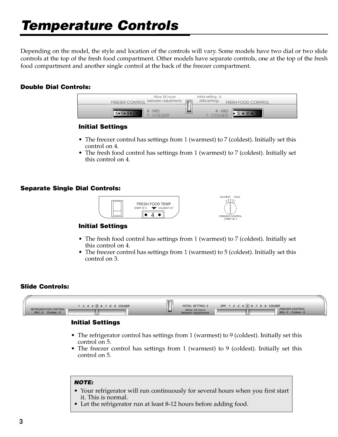 Maytag 61005299 warranty Temperature Controls, Double Dial Controls, Initial Settings, Slide Controls 