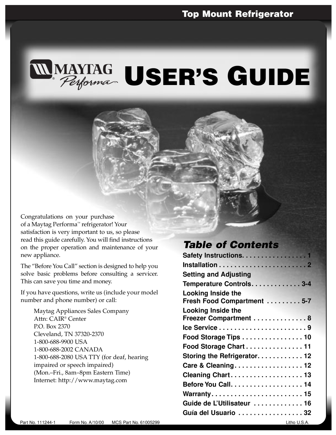 Maytag 61005299 warranty User’S Guide, Table of Contents, Top Mount Refrigerator 