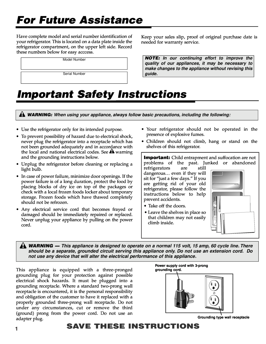 Maytag 61005299 warranty For Future Assistance, Important Safety Instructions, Save These Instructions 