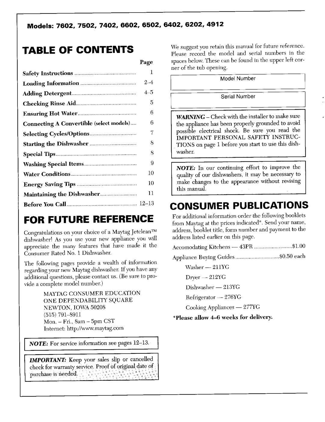 Maytag 7602, 6602, 7502, 6402, 6202, 7402, 6502, 4912 warranty Contents 