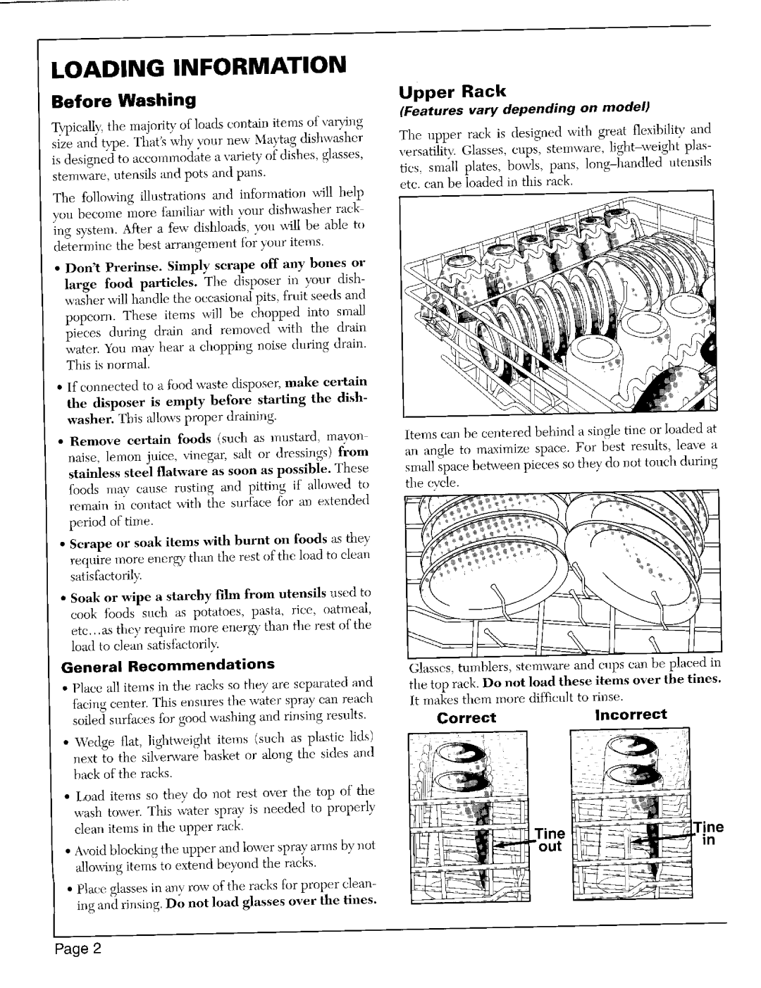 Maytag 6402, 6602, 7602, 7502, 6202, 7402, 6502, 4912 warranty Loading Information, Before Washing, Upper Rack, Fine 