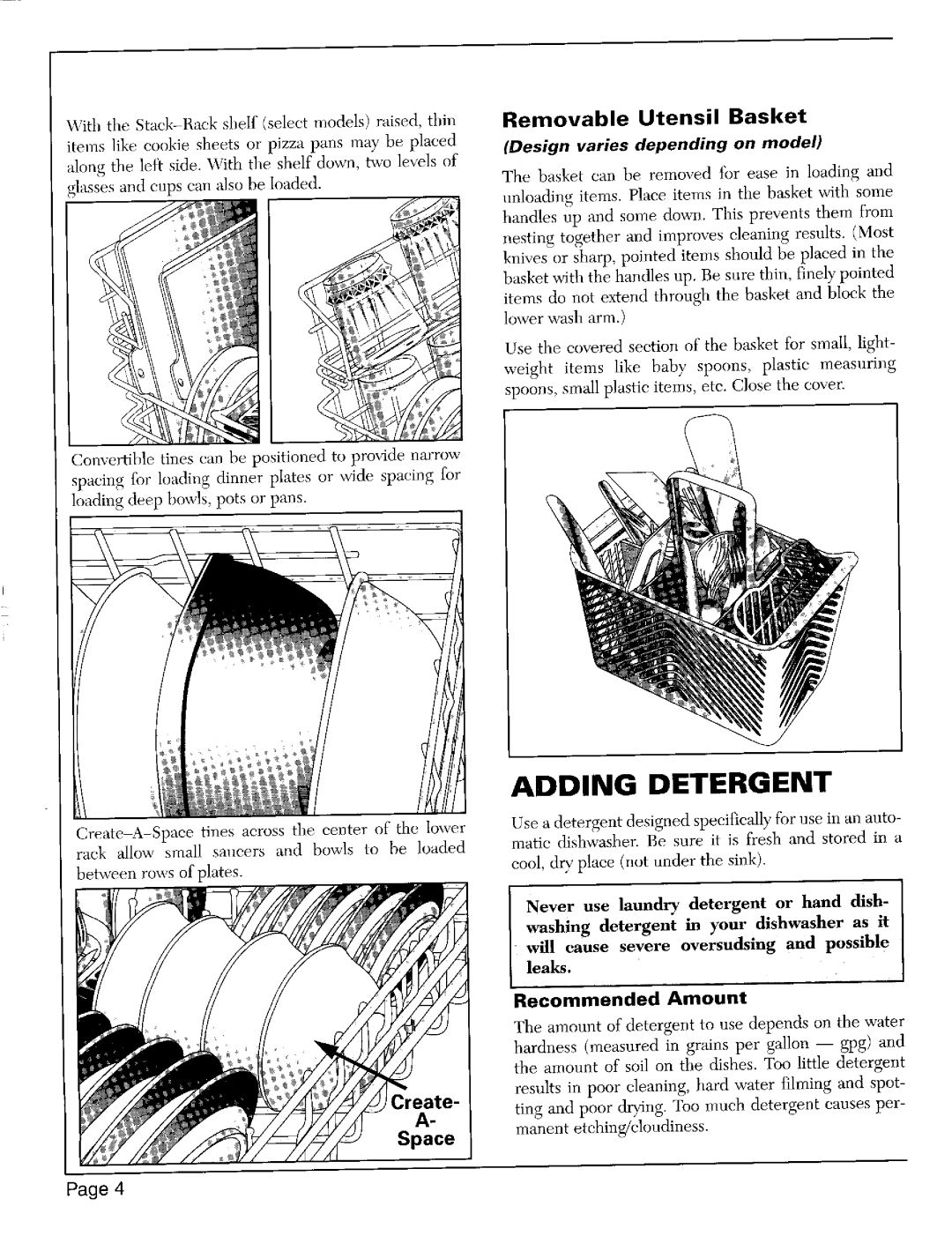 Maytag 7402 Adding Detergent, Removable Utensil Basket, Create Space, Design varies depending on model, Recommended Amount 