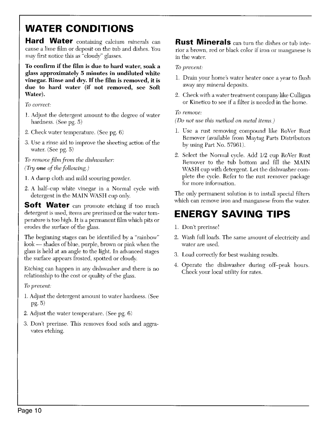 Maytag 6402 Water Conditions, Energy Saving Tips, To correct, To prevent, To remove Do not use this method on metal items 