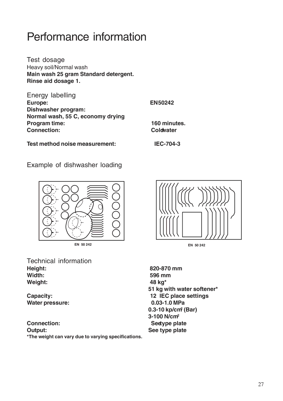 Maytag 661S/W Performance information, Test dosage, Energy labelling, Example of dishwasher loading, Technical information 