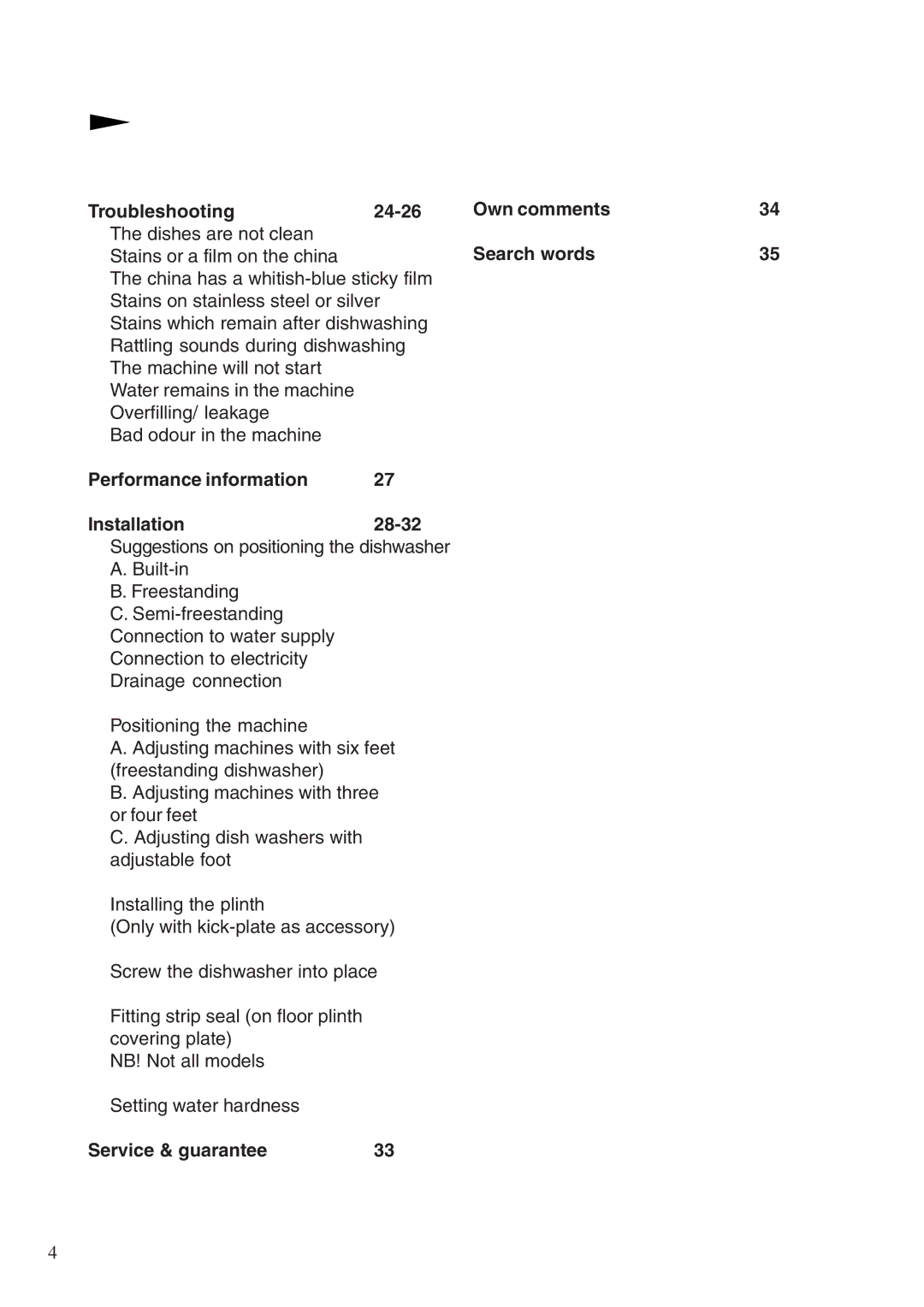 Maytag 661S/W manual Troubleshooting24-26, Performance information Installation 28-32 