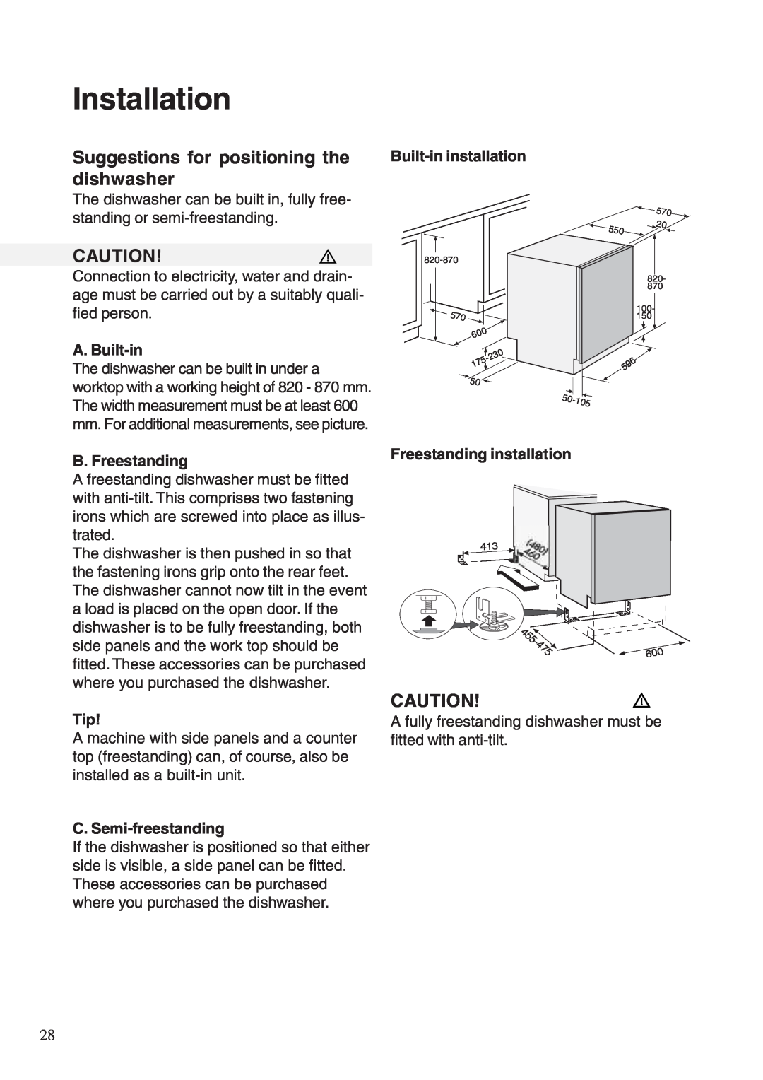 Maytag 661S/W manual Installation, Suggestions for positioning the dishwasher, A. Built-in, Built-in installation 