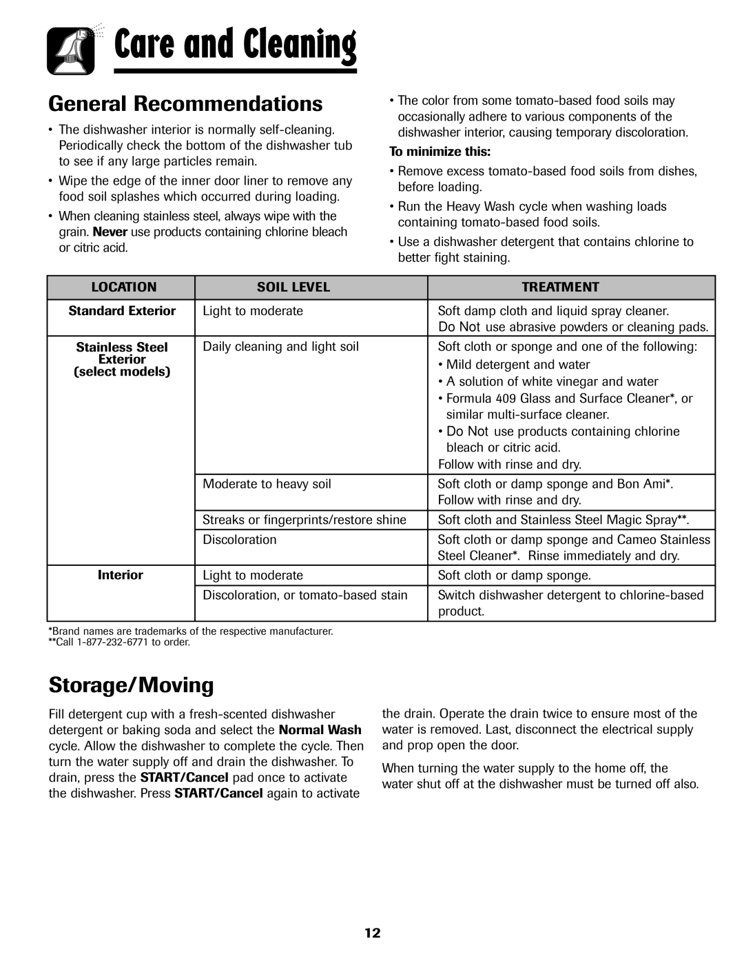 Maytag 6919559A warranty Storage/Moving, Location Soil Level Treatment, Steel Cleaner*. Rinse immediately and dry 