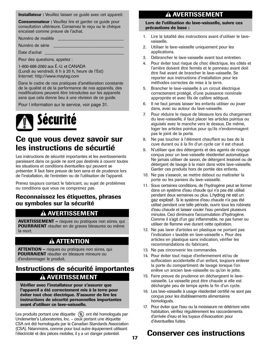 Maytag 6919559A warranty Sécurité, Ce que vous devez savoir sur les instructions de sécurtié, Conserver ces instructions 