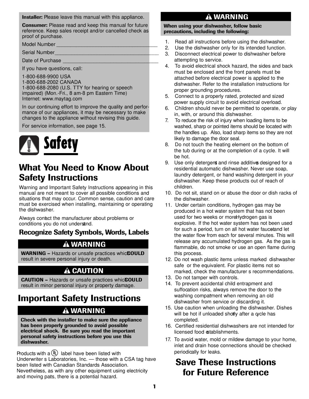 Maytag 6919559A What You Need to Know About Safety Instructions, Important Safety Instructions, For Future Reference 