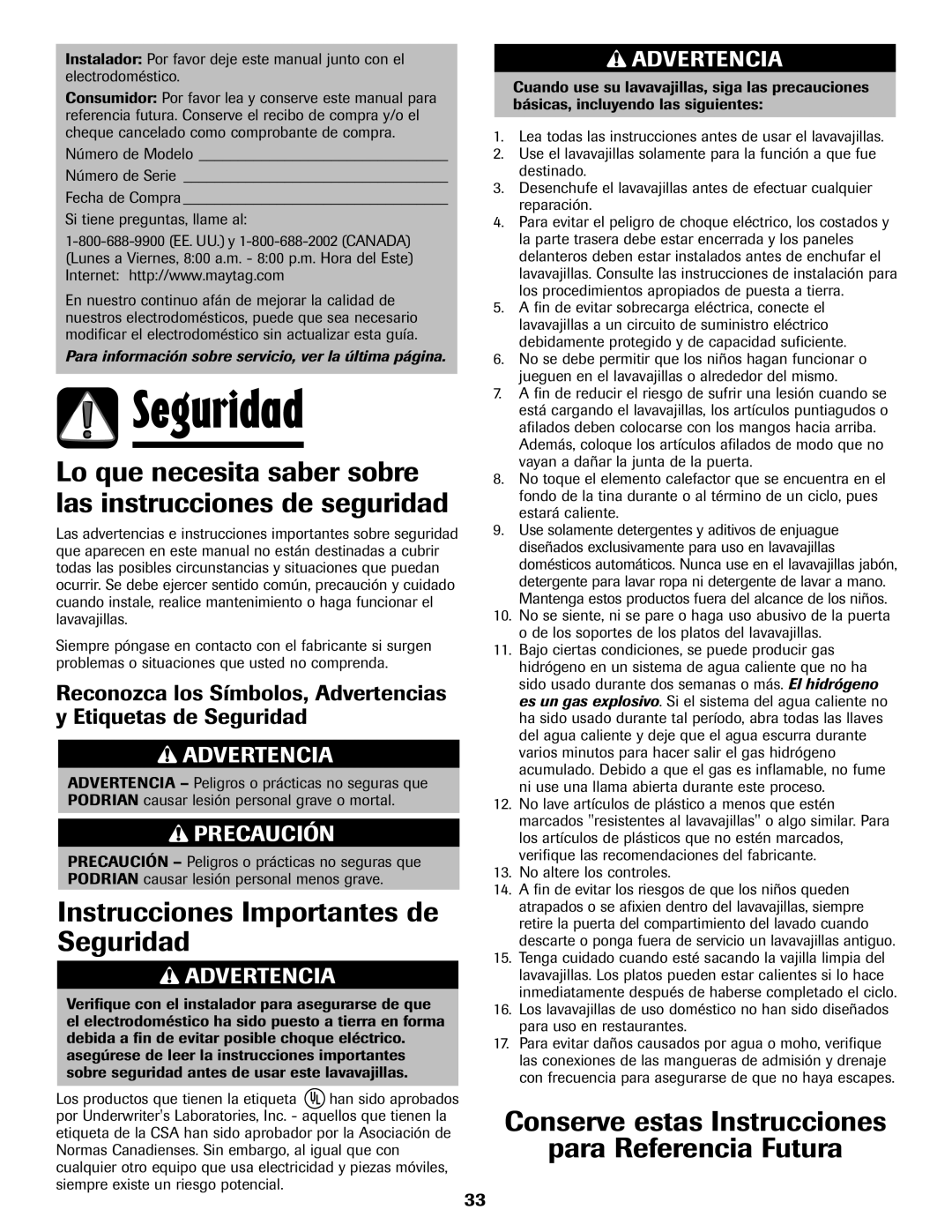 Maytag 6919559A warranty Seguridad, Lo que necesita saber sobre las instrucciones de seguridad 