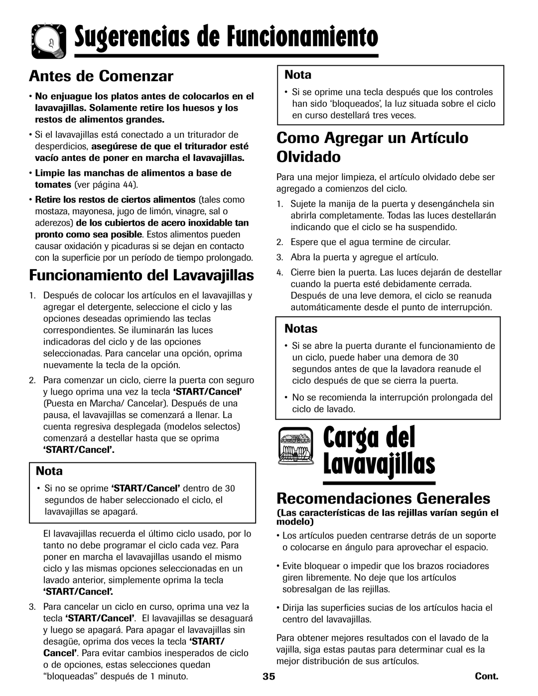 Maytag 6919559A Carga del Lavavajillas, Antes de Comenzar, Funcionamiento del Lavavajillas, Recomendaciones Generales 