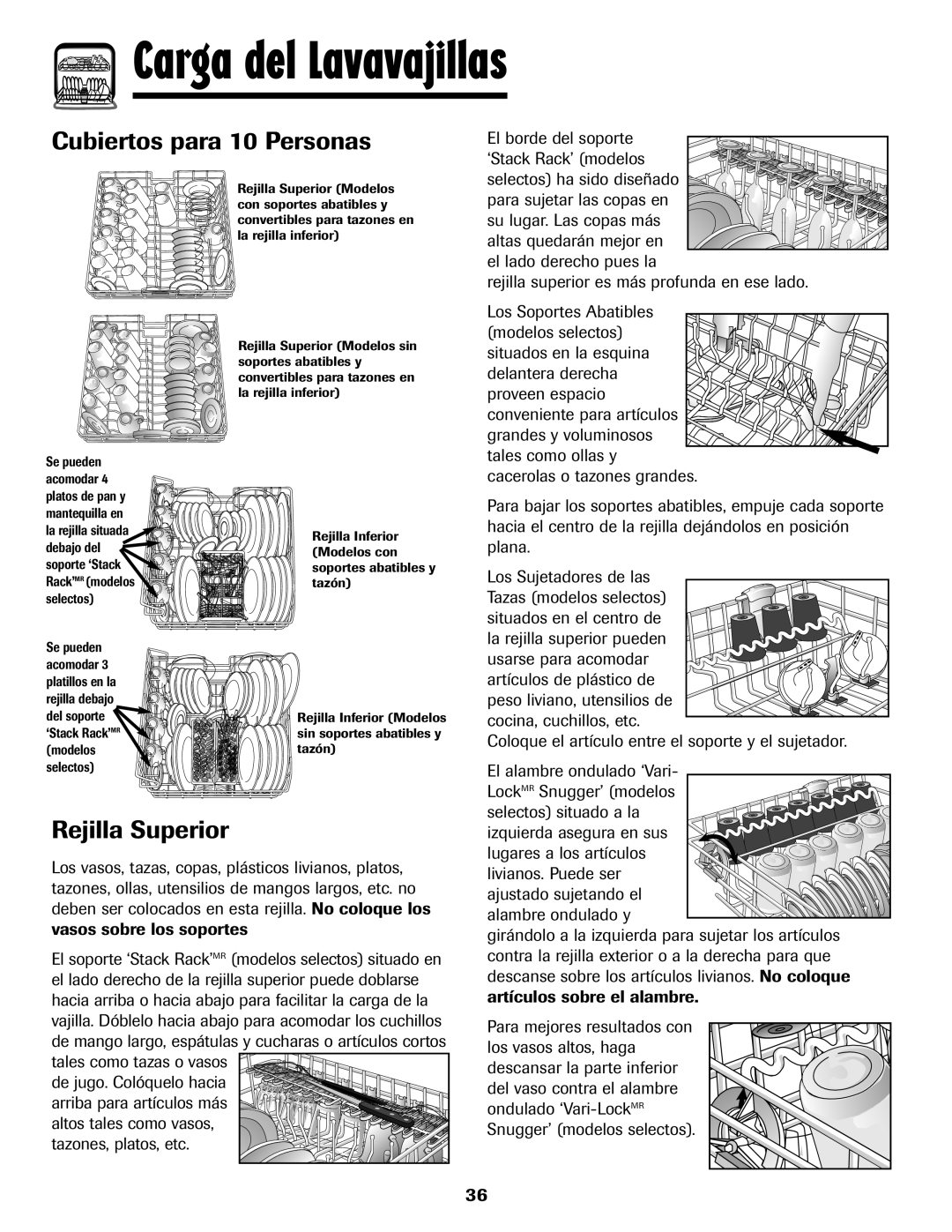 Maytag 6919559A warranty Cubiertos para 10 Personas, Rejilla Superior, El borde del soporte 