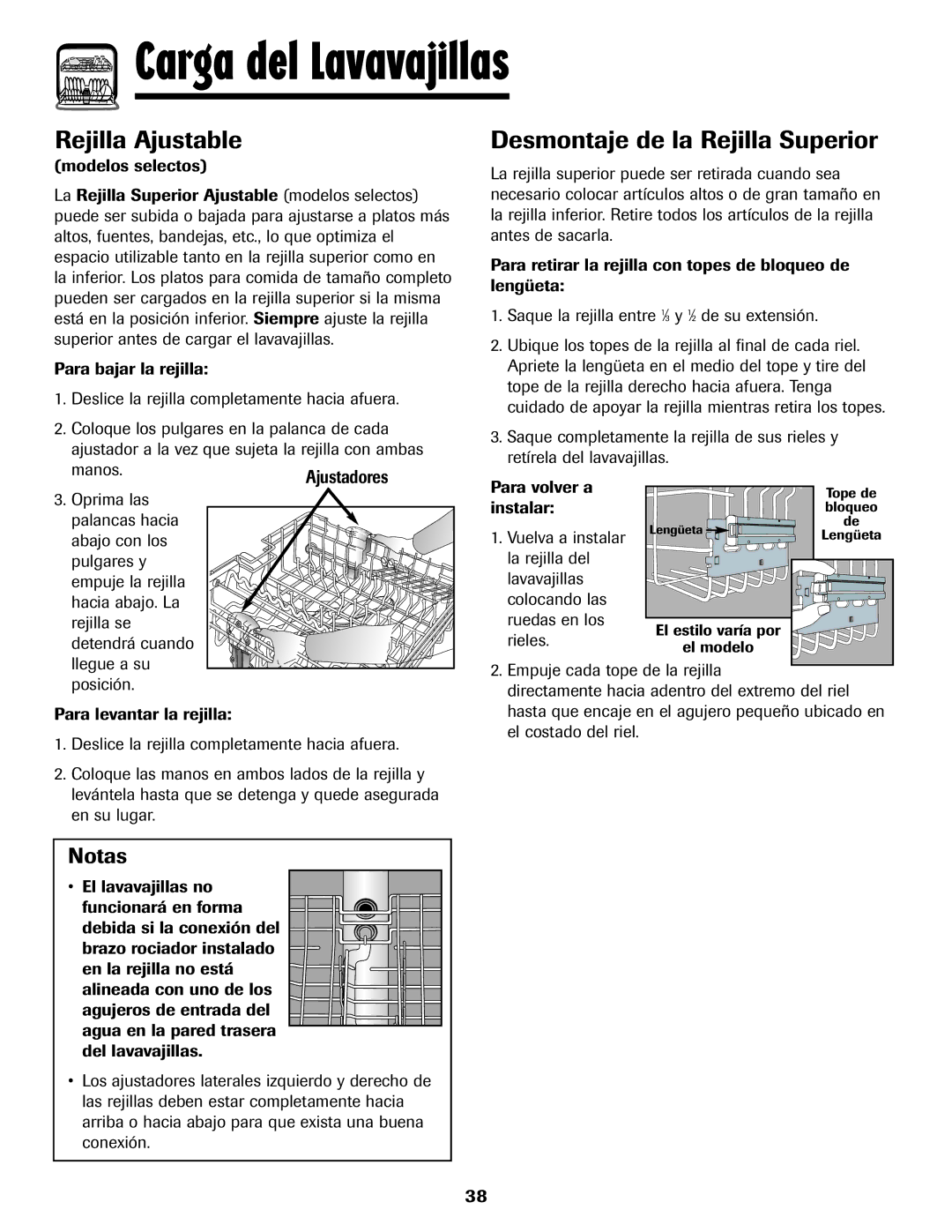 Maytag 6919559A warranty Rejilla Ajustable, Desmontaje de la Rejilla Superior, Manos.Ajustadores, Modelos selectos 