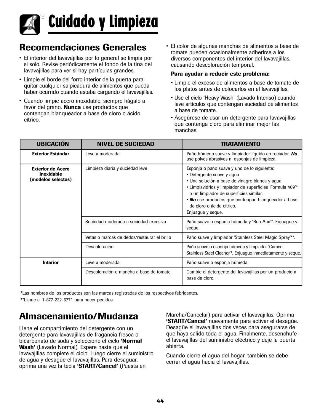 Maytag 6919559A warranty Almacenamiento/Mudanza, Ubicación Nivel DE Suciedad Tratamiento 