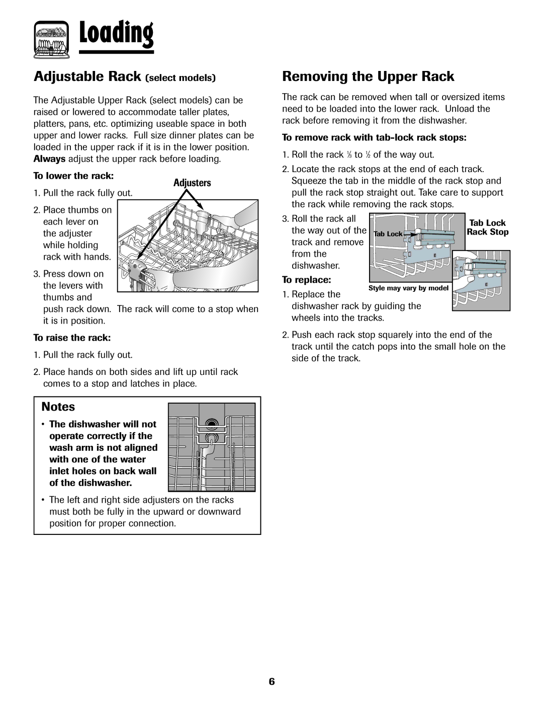 Maytag 6919559A warranty Adjustable Rack select models, Removing the Upper Rack, Adjusters, To lower the rack 