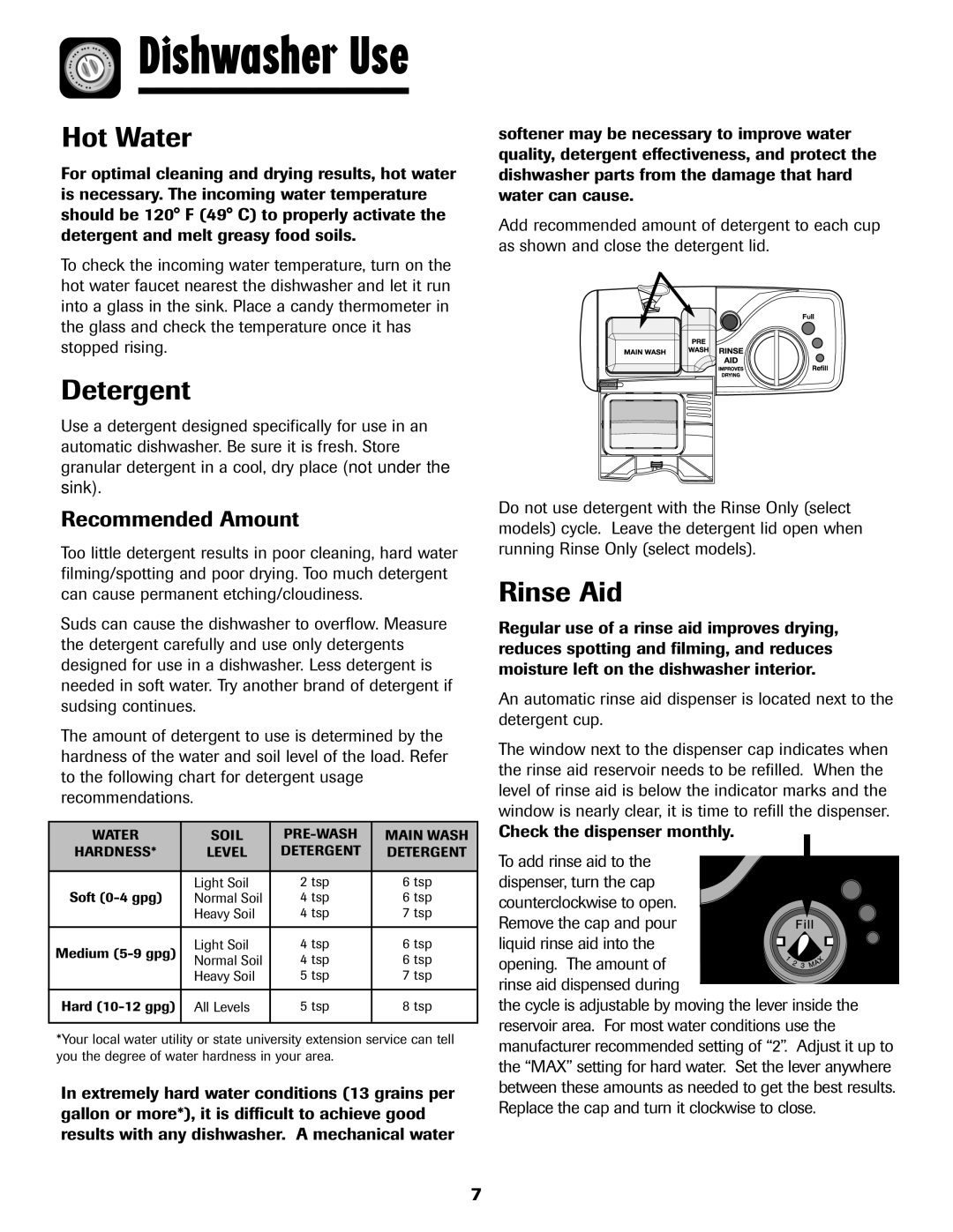 Maytag 6919559A warranty Hot Water, Detergent, Rinse Aid, Recommended Amount 