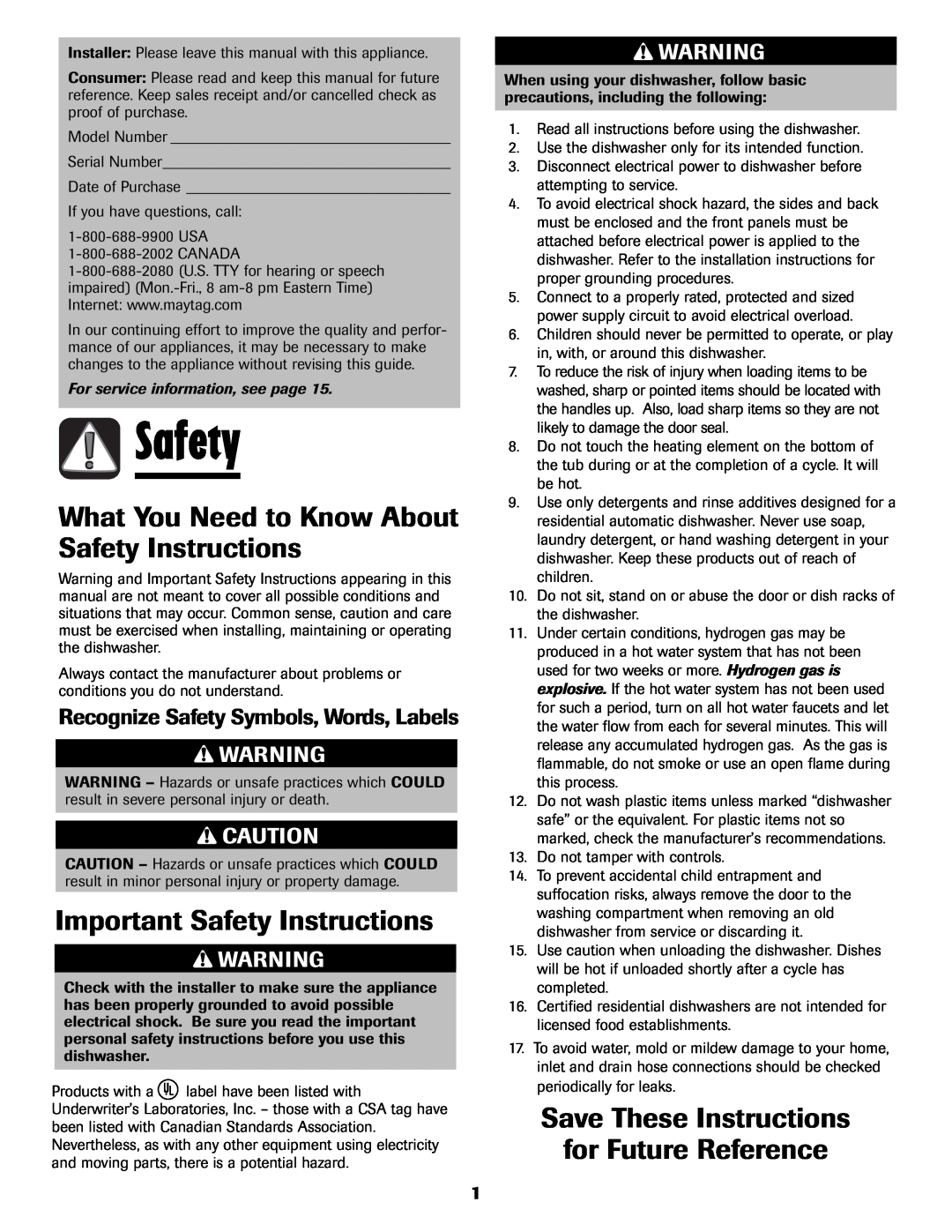 Maytag 6919559A warranty What You Need to Know About Safety Instructions, Important Safety Instructions 