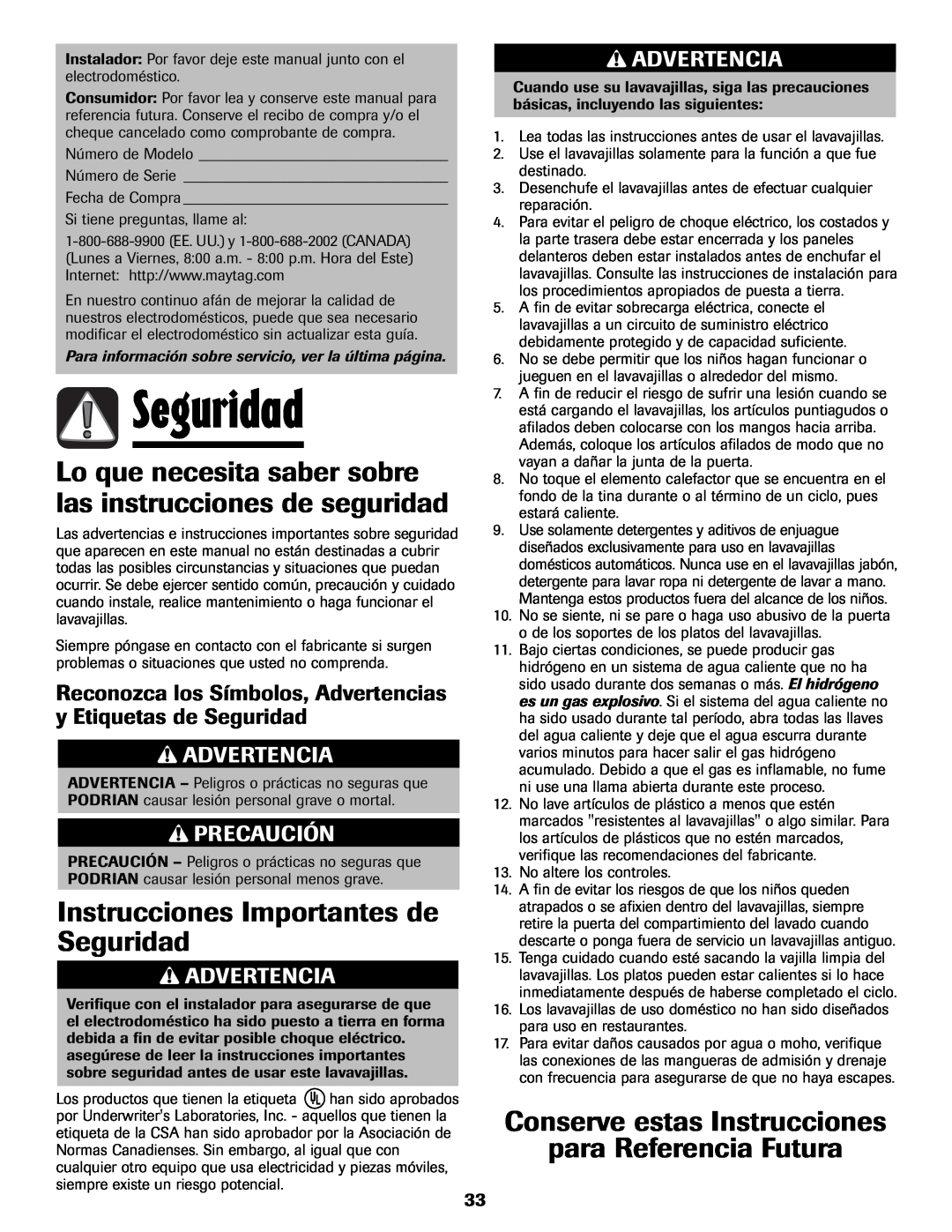 Maytag 6919559A warranty Seguridad, Lo que necesita saber sobre las instrucciones de seguridad, Advertencia, Precaución 