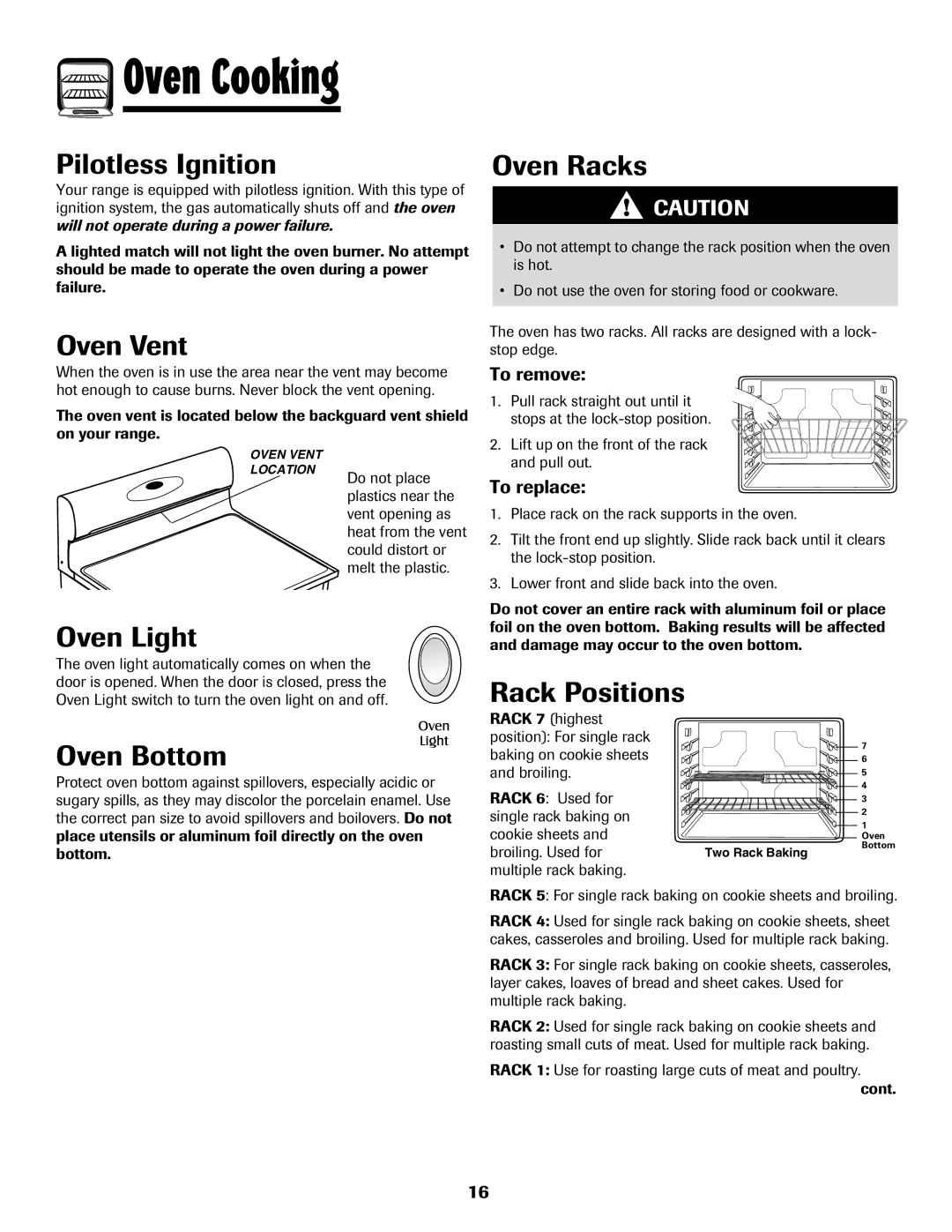 Maytag 700 manual Oven Vent, Oven Racks, Oven Light, Oven Bottom, Rack Positions 