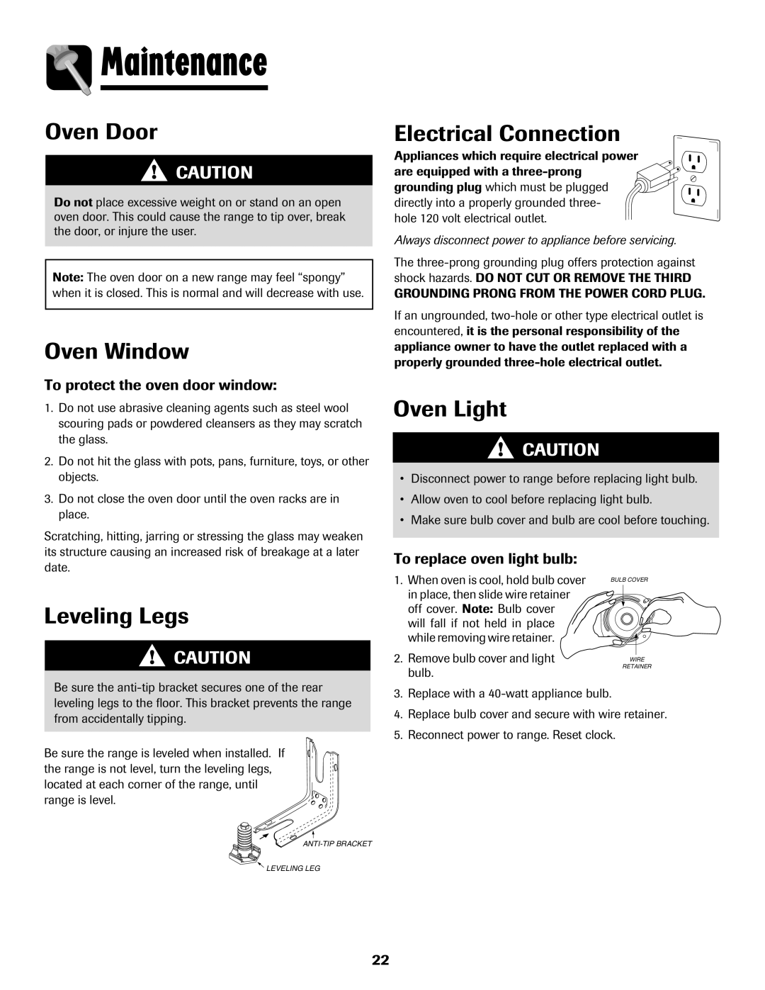 Maytag 700 manual Maintenance, Oven Window, Leveling Legs, Electrical Connection 